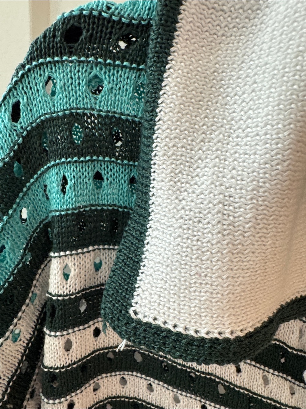 Pearl-Button White Knit Cardigan with Openwork Stitch - Picture 3 of 10